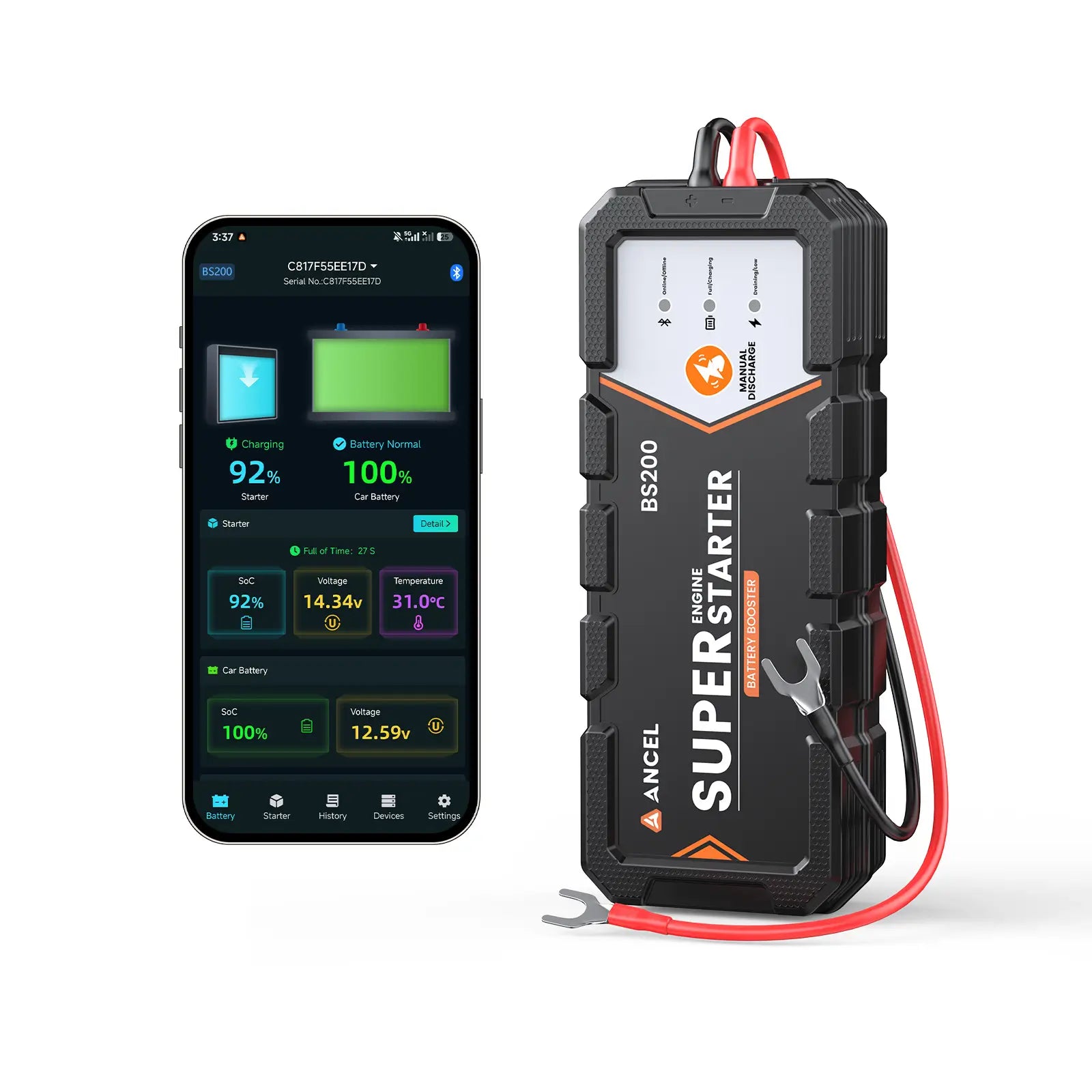 ANCEL Super Starter app showing starter and car battery status